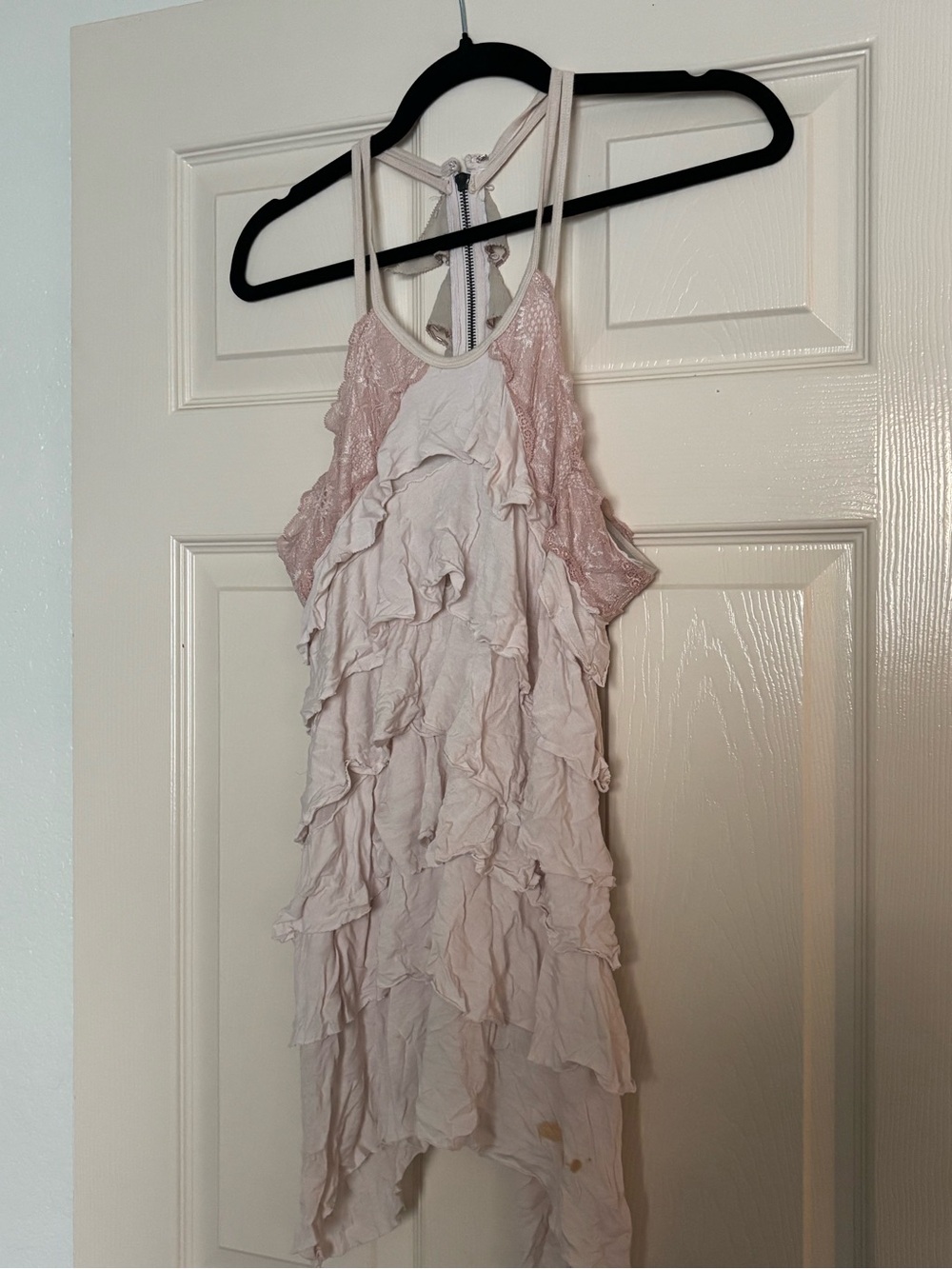 Vintage Free People Light Pink Ruffled Tank with Lace Beaded Accents Size M